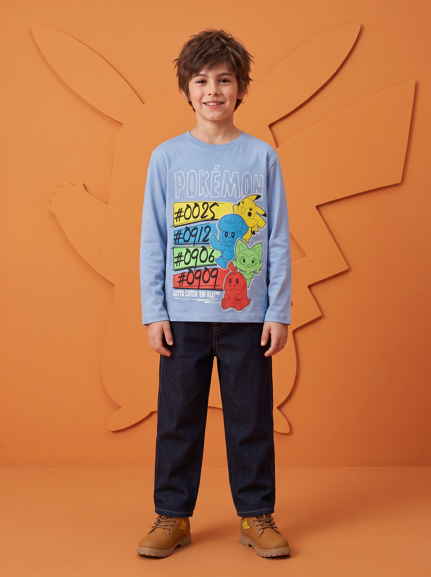 Long Sleeve Cotton Pokemon T-Shirt - Sky blue