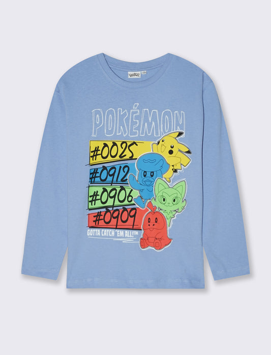 Long Sleeve Cotton Pokemon T-Shirt - Sky blue