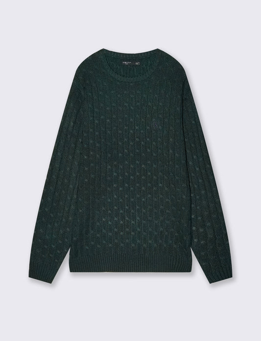 Maglia girocollo a trecce con ricamo - Verde scuro