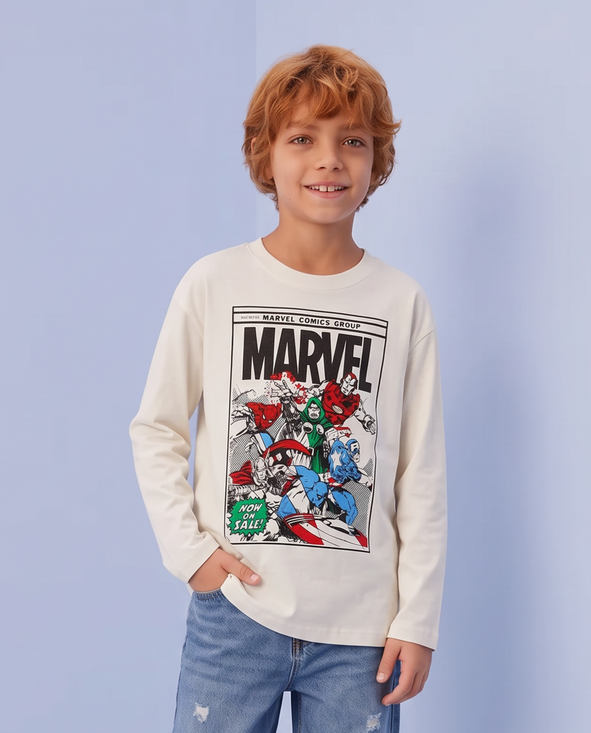 T-shirt Marvel maniche lunghe cotone - Bianco latte