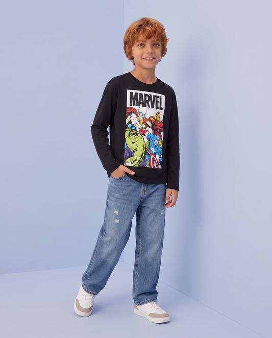 Long Sleeve Cotton Marvel T-Shirt - Black