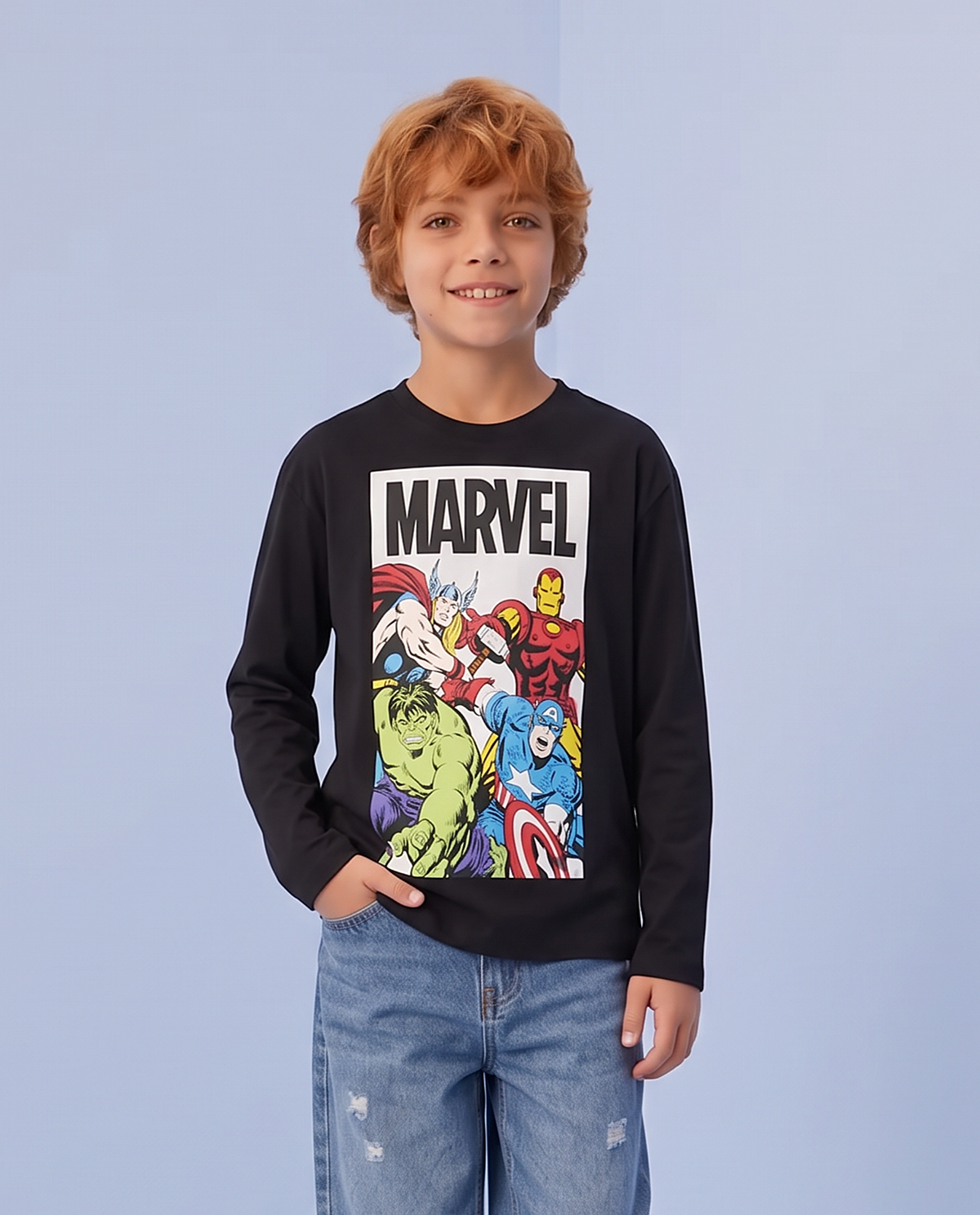 Long Sleeve Cotton Marvel T-Shirt - Black