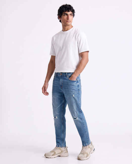 Slim tapered cropped fit jeans with rips - Blue