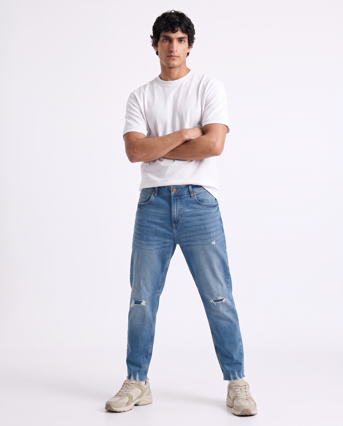 Jeans slim tapered cropped fit con strappi - Denim