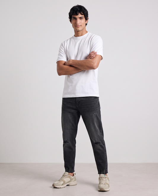 Slim tapered cropped fit jeans with rips - Black
