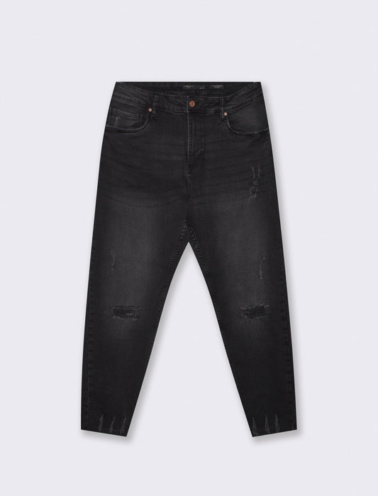Jeans slim tapered cropped fit con strappi - Nero