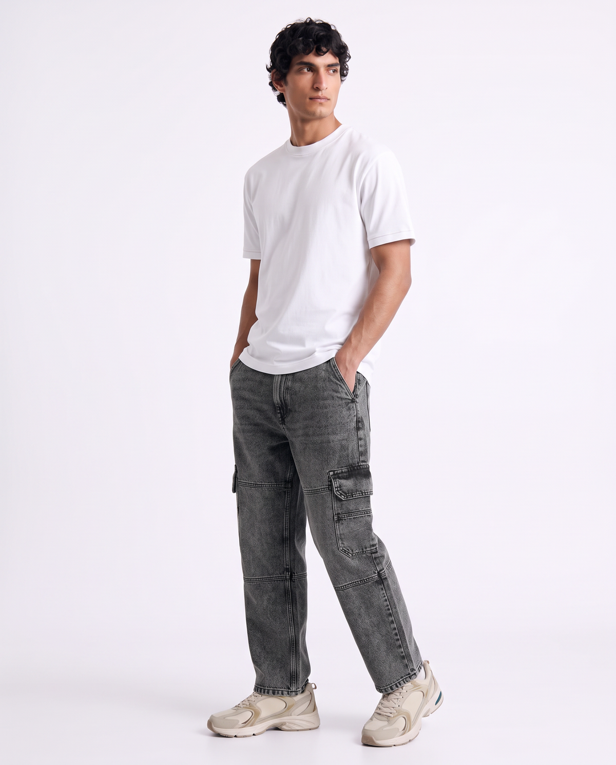 Gray baggy cargo fit jeans with a faded effect - Grey