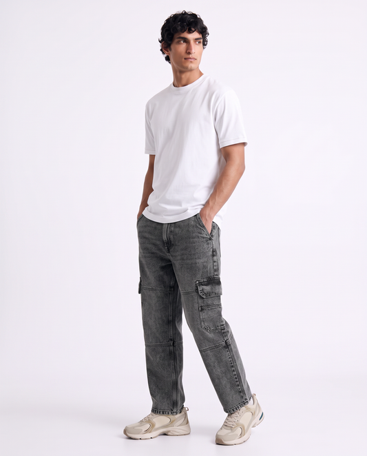Gray baggy cargo fit jeans with a faded effect - Grey