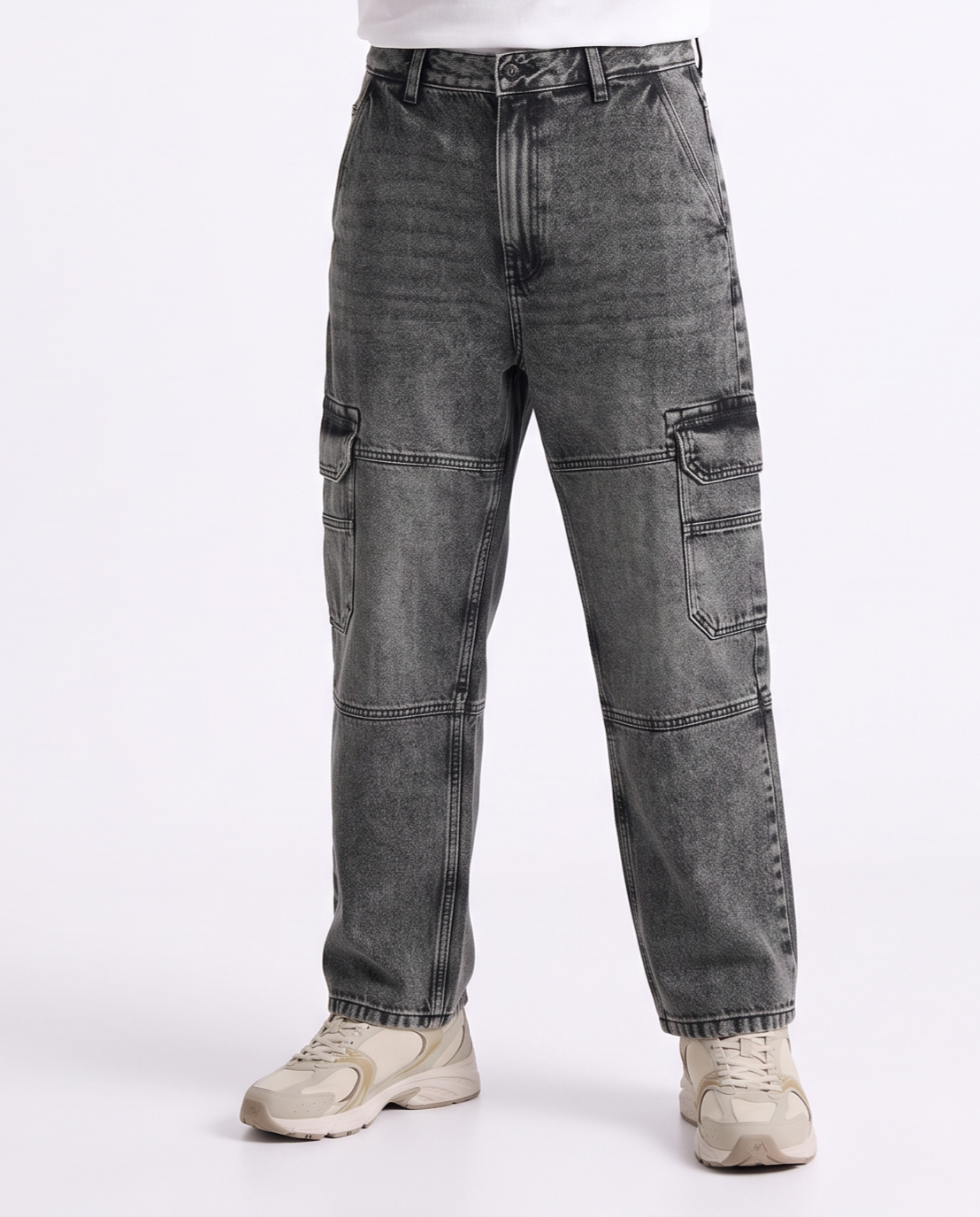 Gray baggy cargo fit jeans with a faded effect - Grey