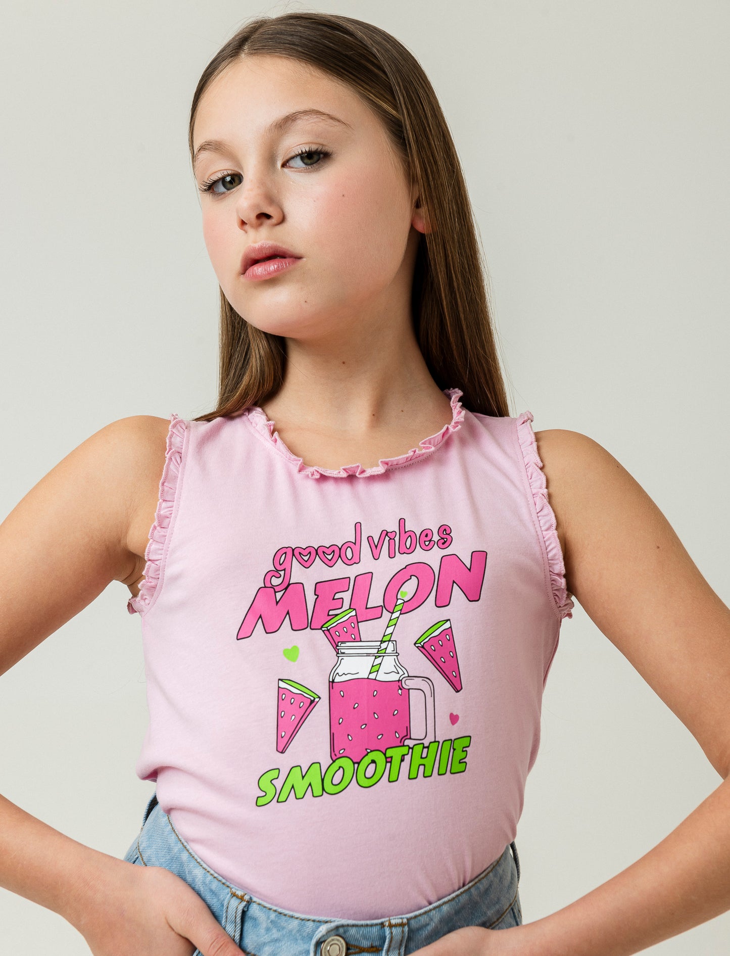 Colorful Print Cotton Tank Top with Ruffled Neckline - Pink