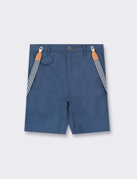 Lightweight Solid Cotton Bermuda Shorts with Detachable Braces - Blue