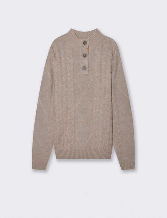 Maglia mezzo collo a trecce con bottoni - Grigio tortora