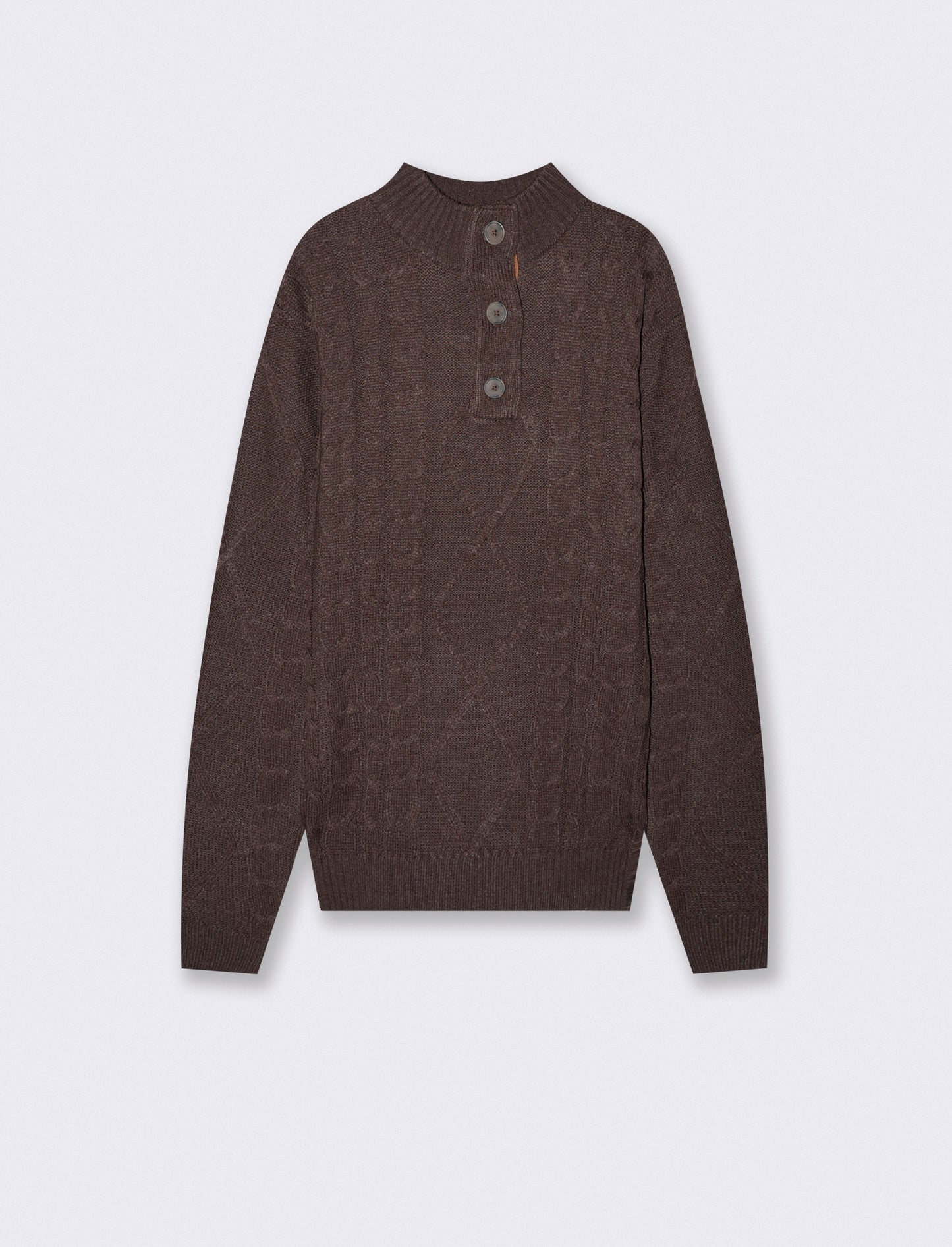 Cable Knit Mock Neck Sweater with Buttons - Brown
