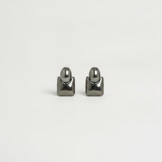 Button and Square Clip Earrings - Silver