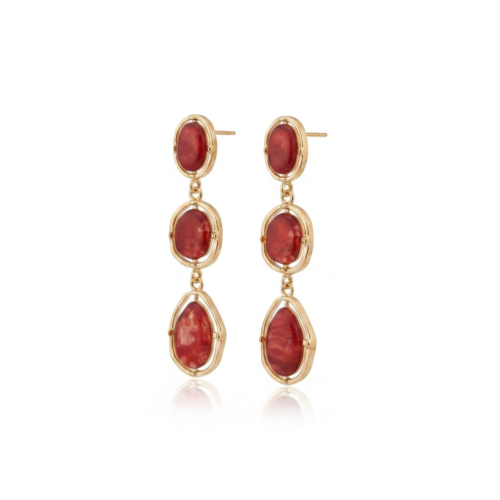 Dangle Earrings with 3 Stones - Red