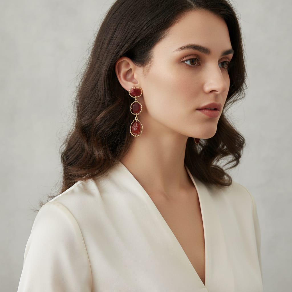 Dangle Earrings with 3 Stones - Red