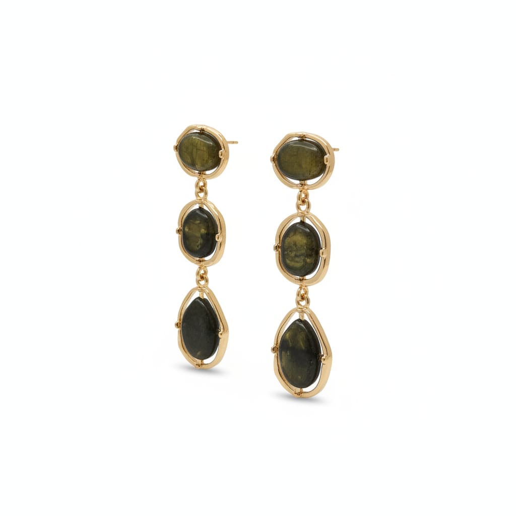 Dangle Earrings with 3 Stones - Green