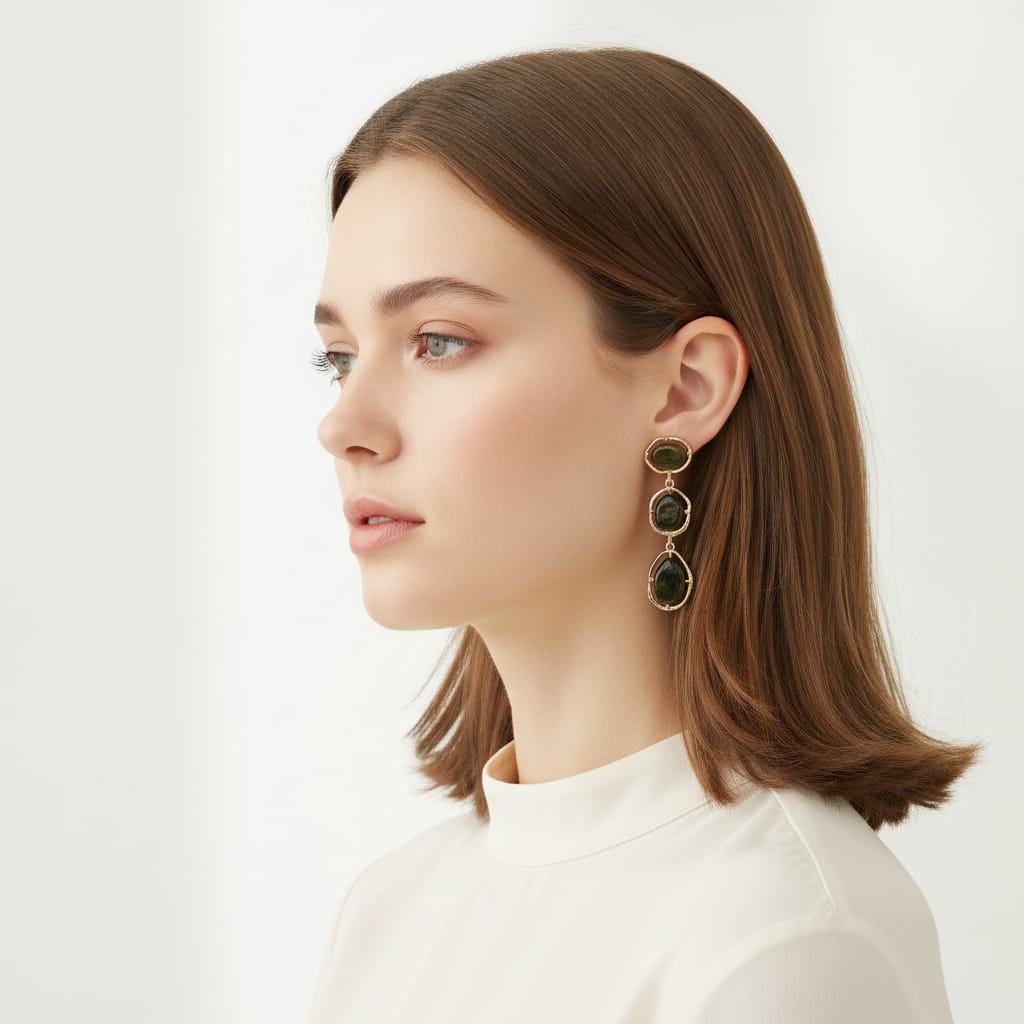 Dangle Earrings with 3 Stones - Green