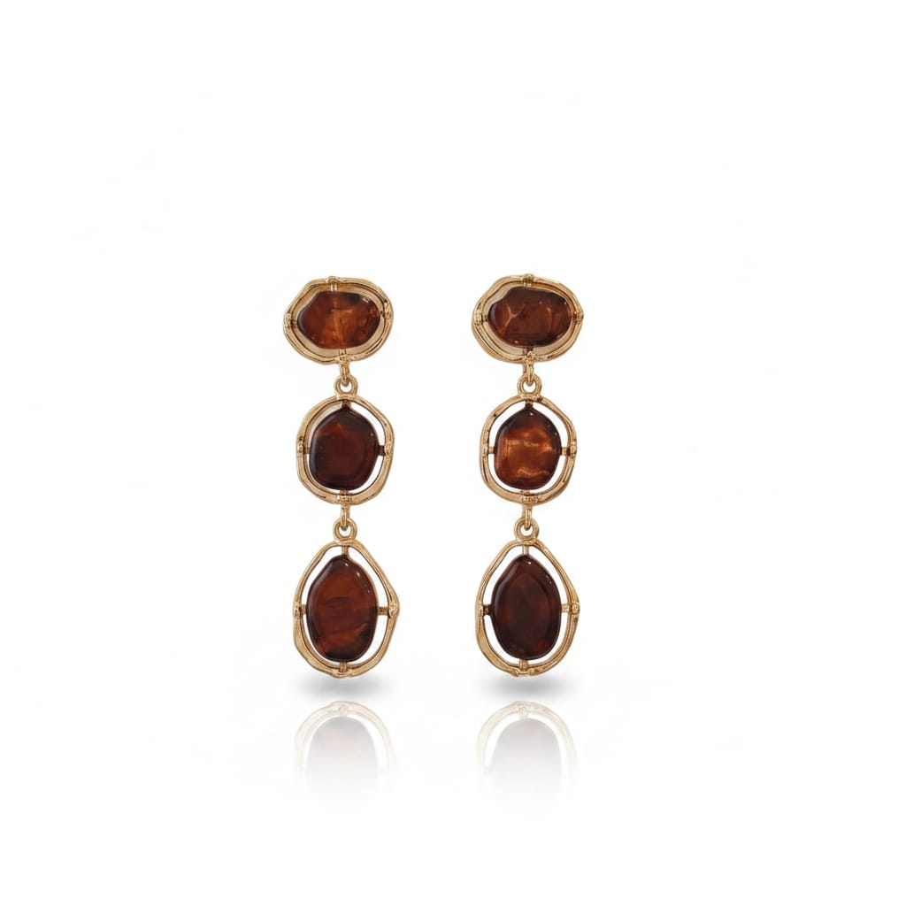 Dangle Earrings with 3 Stones - Brown