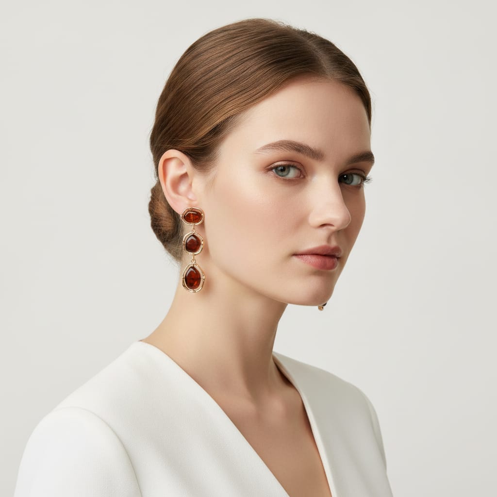 Dangle Earrings with 3 Stones - Brown
