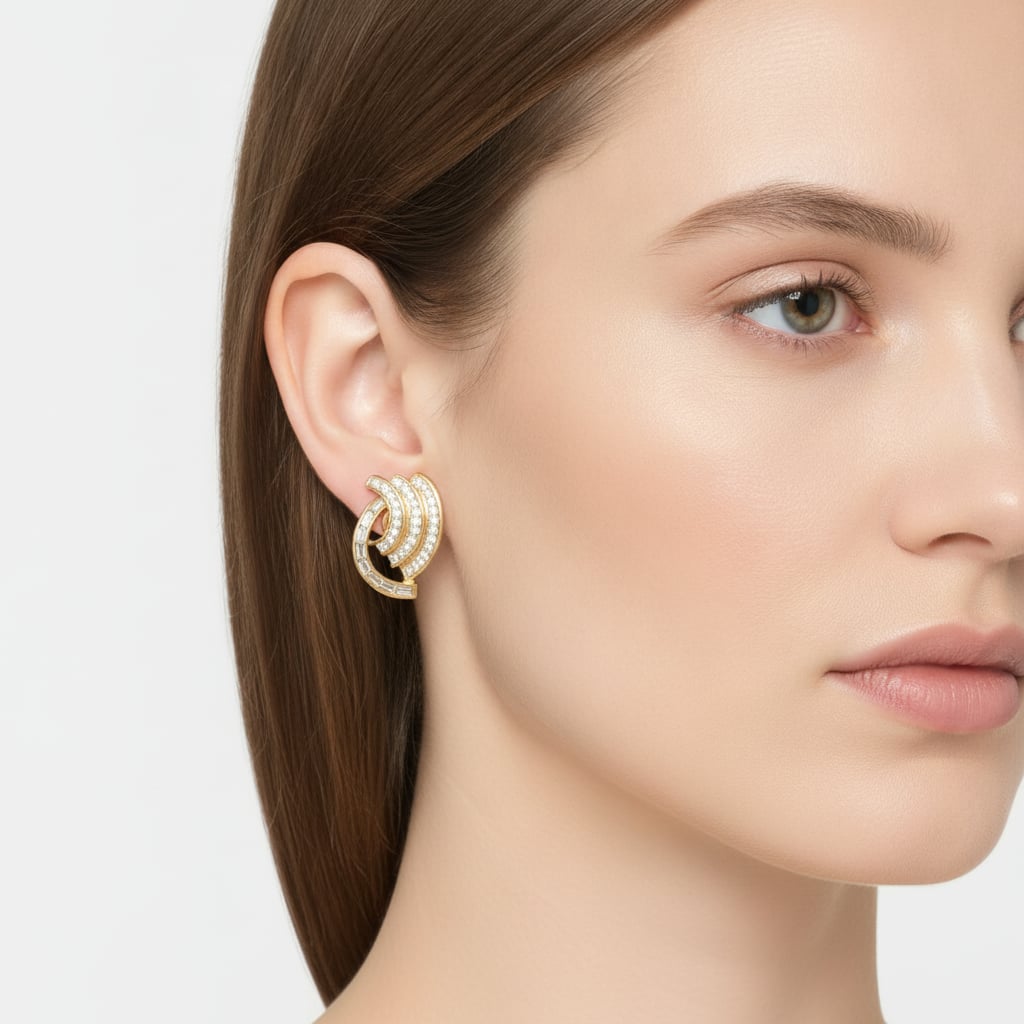 Elegant wave clip earrings with rhinestones - Gold