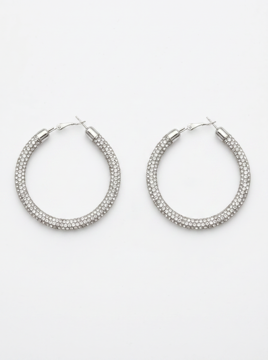Large hoop earrings with rhinestones - Silver