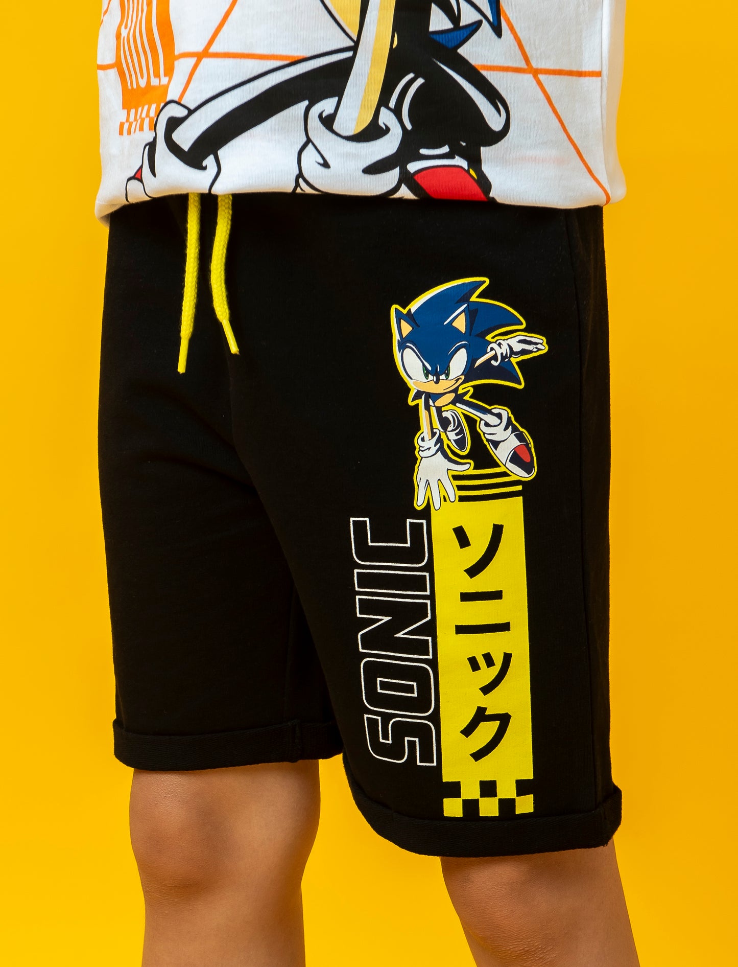 Cotton Fleece Bermuda with Drawstring Waist and Sonic, Pokemon, Dragon Ball Print - Black