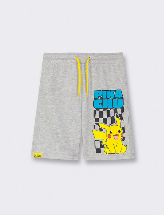 Cotton Fleece Bermuda with Drawstring Waist and Sonic, Pokemon, Dragon Ball Print - Grey