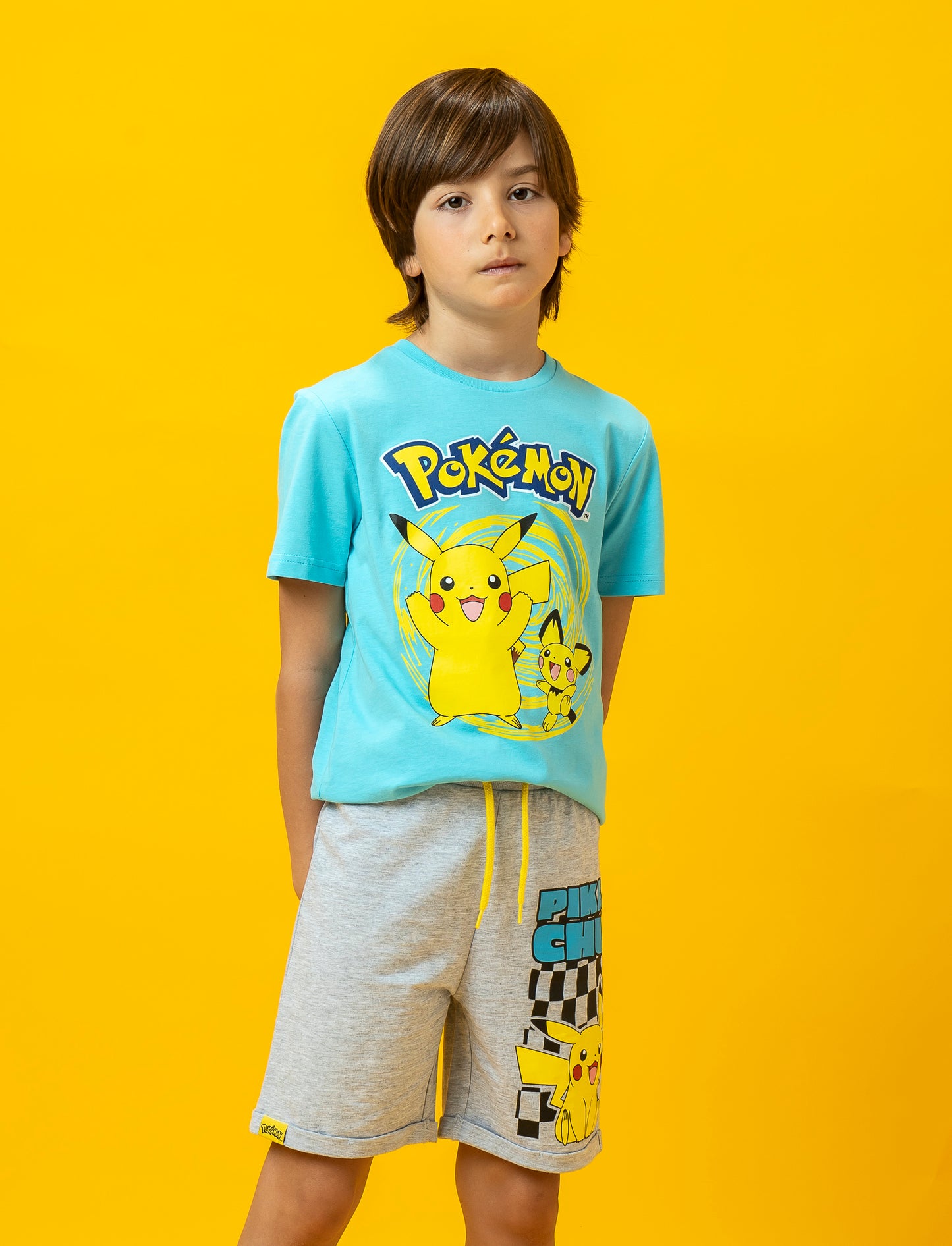 Cotton Fleece Bermuda with Drawstring Waist and Sonic, Pokemon, Dragon Ball Print - Grey