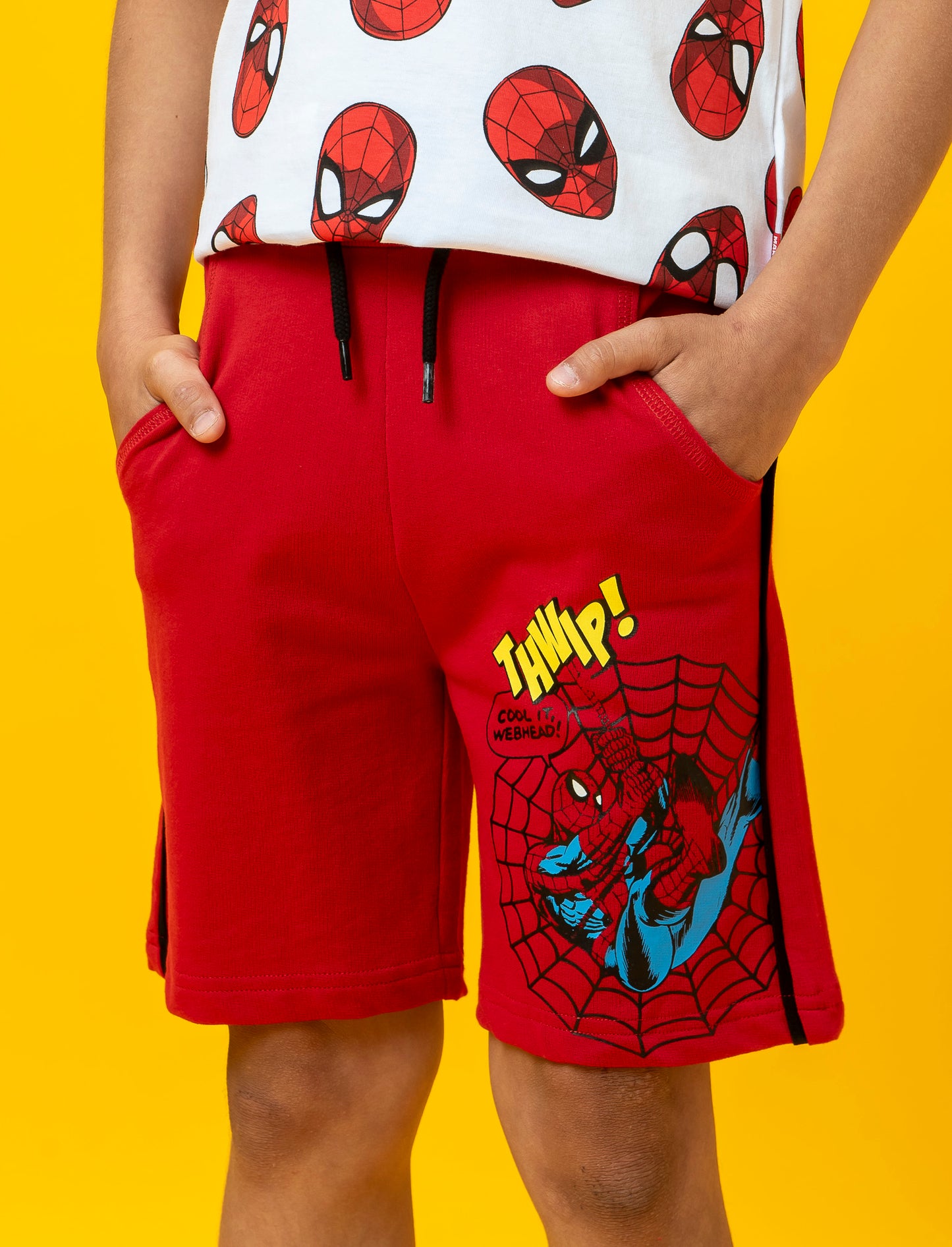 Cotton Fleece Marvel Print Bermuda with Drawstring Waist - Red