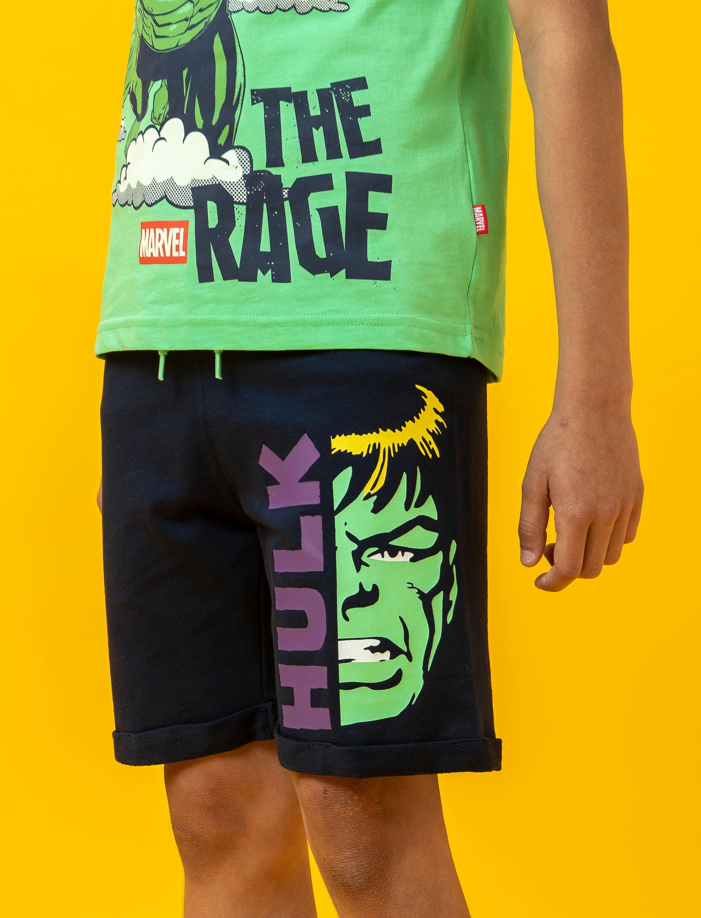 Cotton Fleece Marvel Print Bermuda with Drawstring Waist - Blue