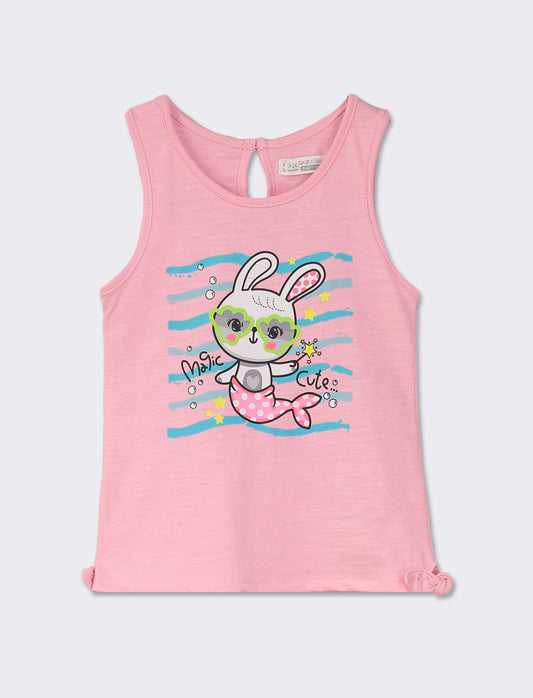 Sleeveless Round Neck Tank Top with Front Print - 2 Color Variations - Pink