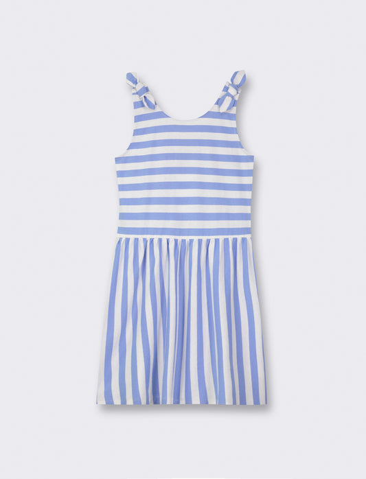 Striped Wide-Strap Dress with Decorative Bow and Open Back - Sky blue