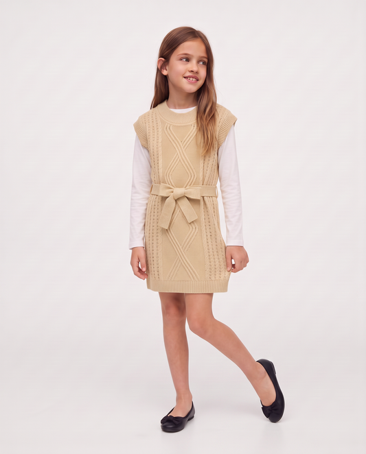 Vestito giromanica in maglieria con cintura - Beige