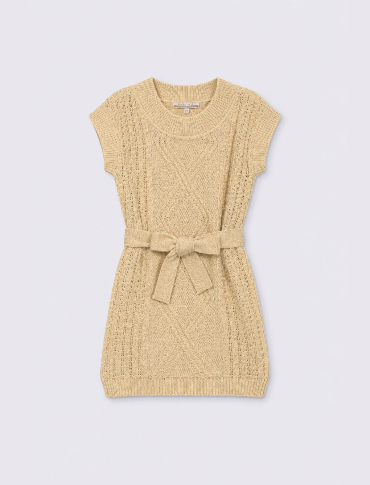 Sleeveless knitted dress with belt - Beige
