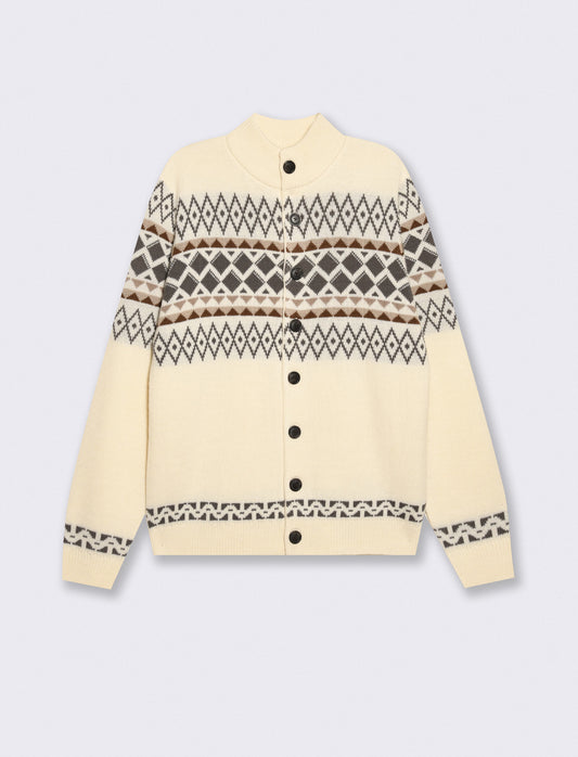 Maglia Cardigan Jacquard con Colletto - Bianco