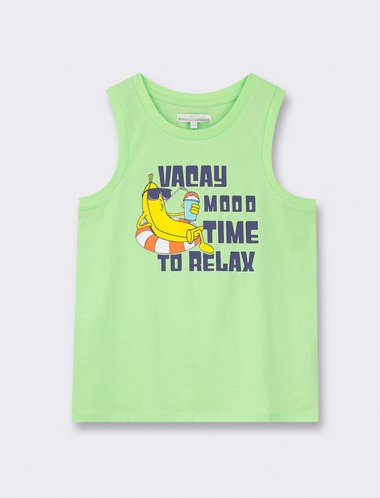 Regular Cotton Jersey Tank Top with Front Print - Green