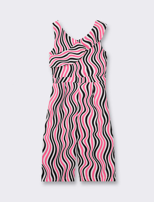 Summer Crepe Printed Wave Jumpsuit with Ruffled Neckline - Pattern