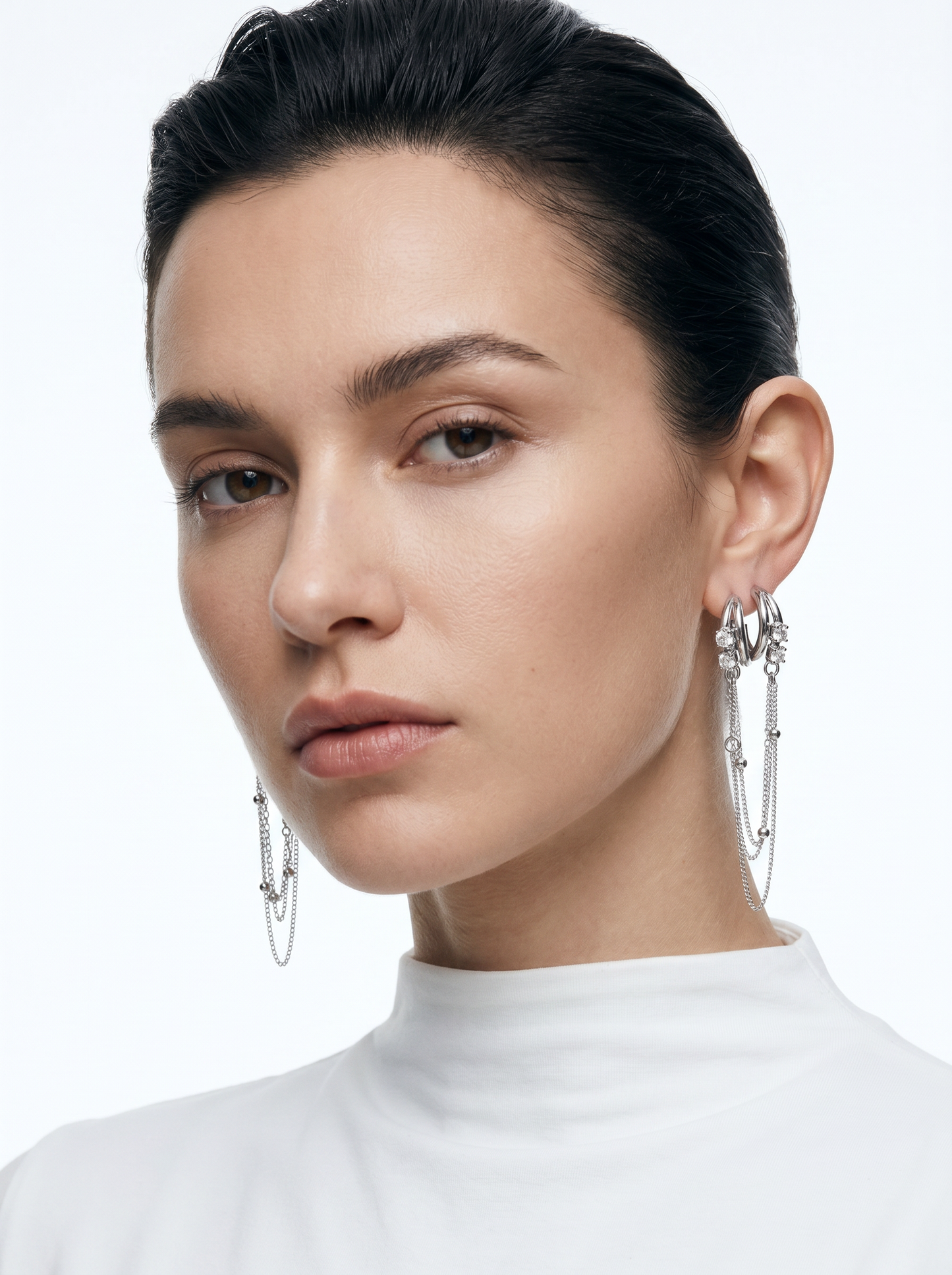 Orecchini cerchi con catenine pendenti - Argento