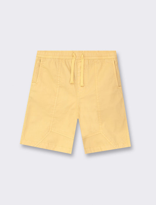 Cotton Bermuda Shorts with Front and Back Cuts, Elastic Waistband, and Drawstrings - Yellow