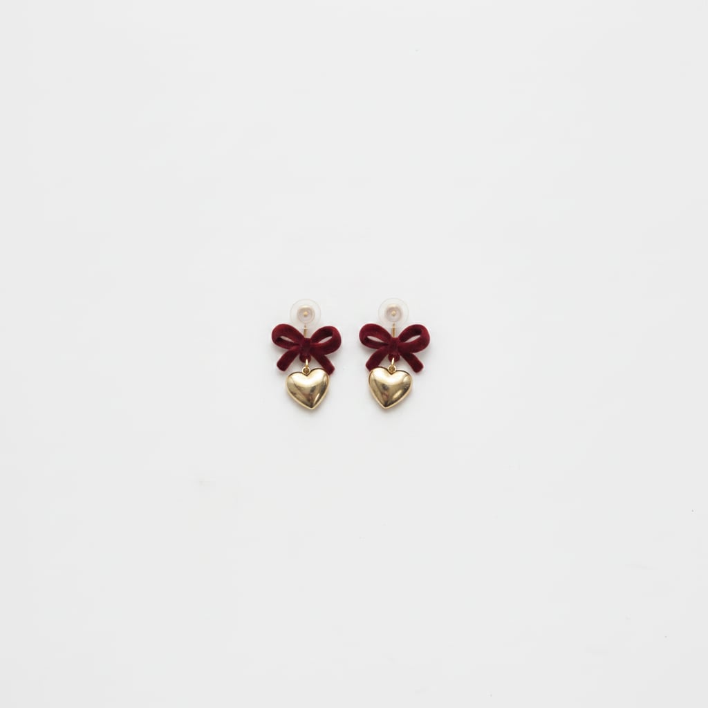 Orecchini Fiocco Velluto e Cuore Metallico - Bordeaux
