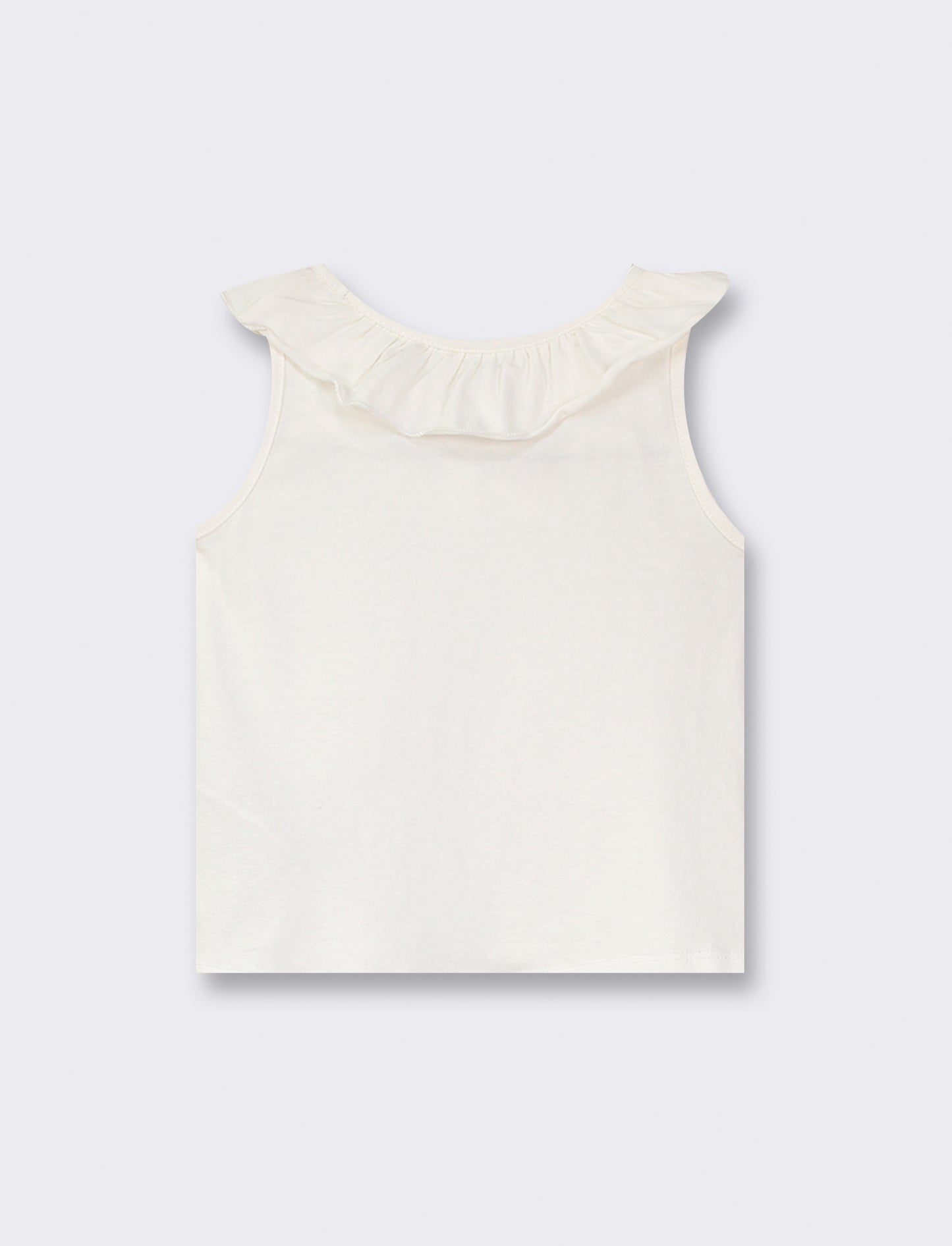 Ruffled Neckline Jersey Tank Top with Bright Print and Embellishment - White