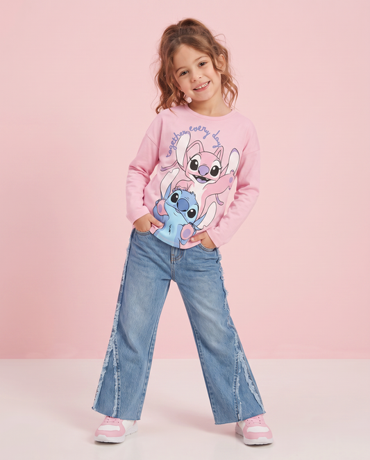 T-shirt manica lunga Stitch/Angel in cotone - Rosa