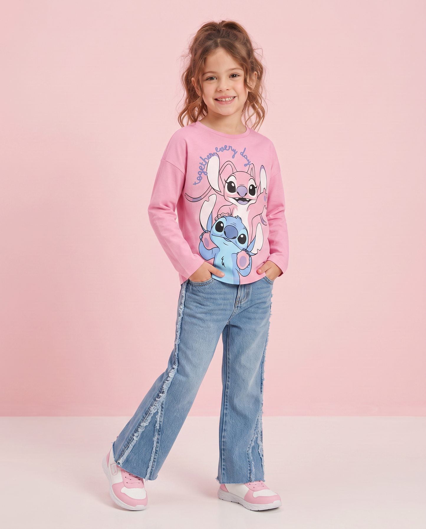 T-shirt manica lunga Stitch/Angel in cotone - Rosa