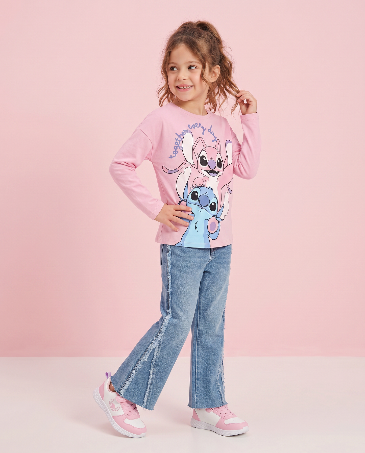 T-shirt manica lunga Stitch/Angel in cotone - Rosa