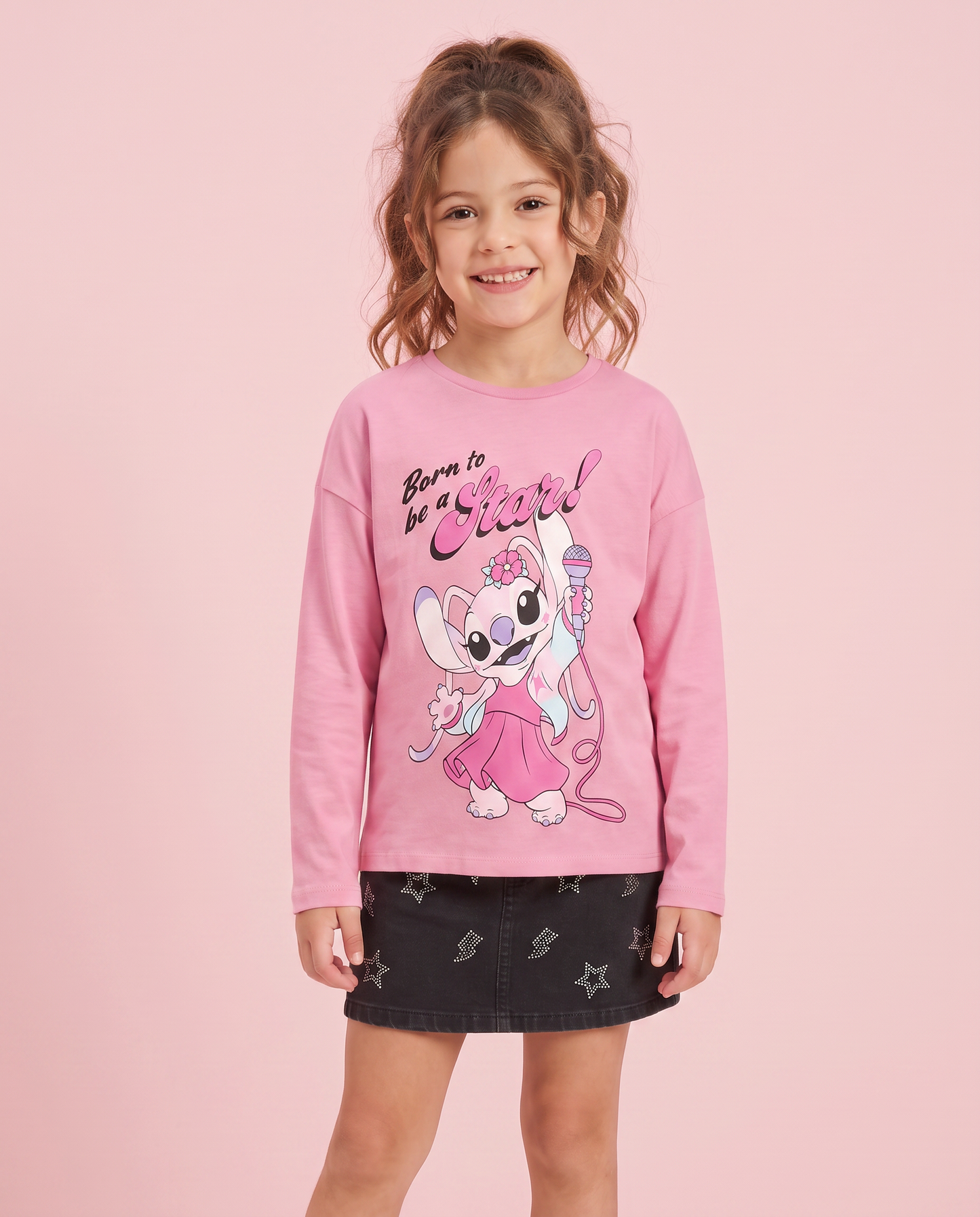 Long Sleeve T-shirt Stitch/Angel in Cotton - Pink