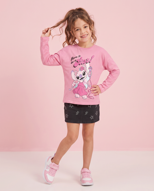 Long Sleeve T-shirt Stitch/Angel in Cotton - Pink
