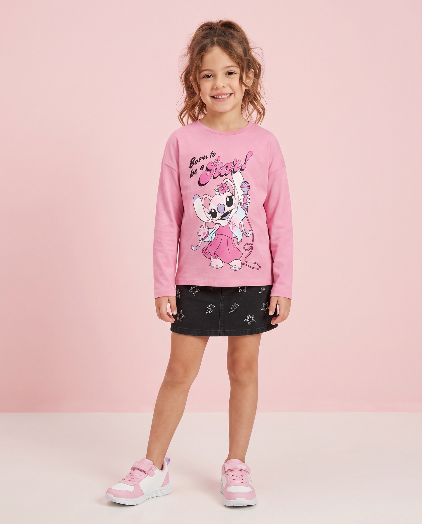 Long Sleeve T-shirt Stitch/Angel in Cotton - Pink