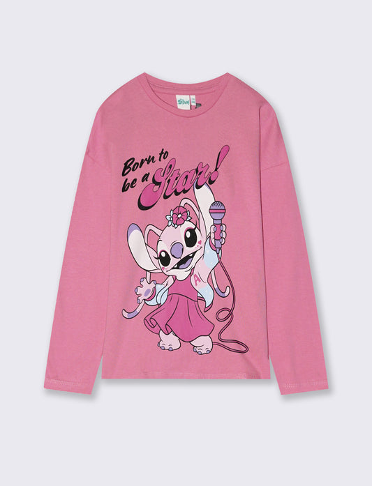 T-shirt manica lunga Stitch/Angel in cotone - Rosa candy