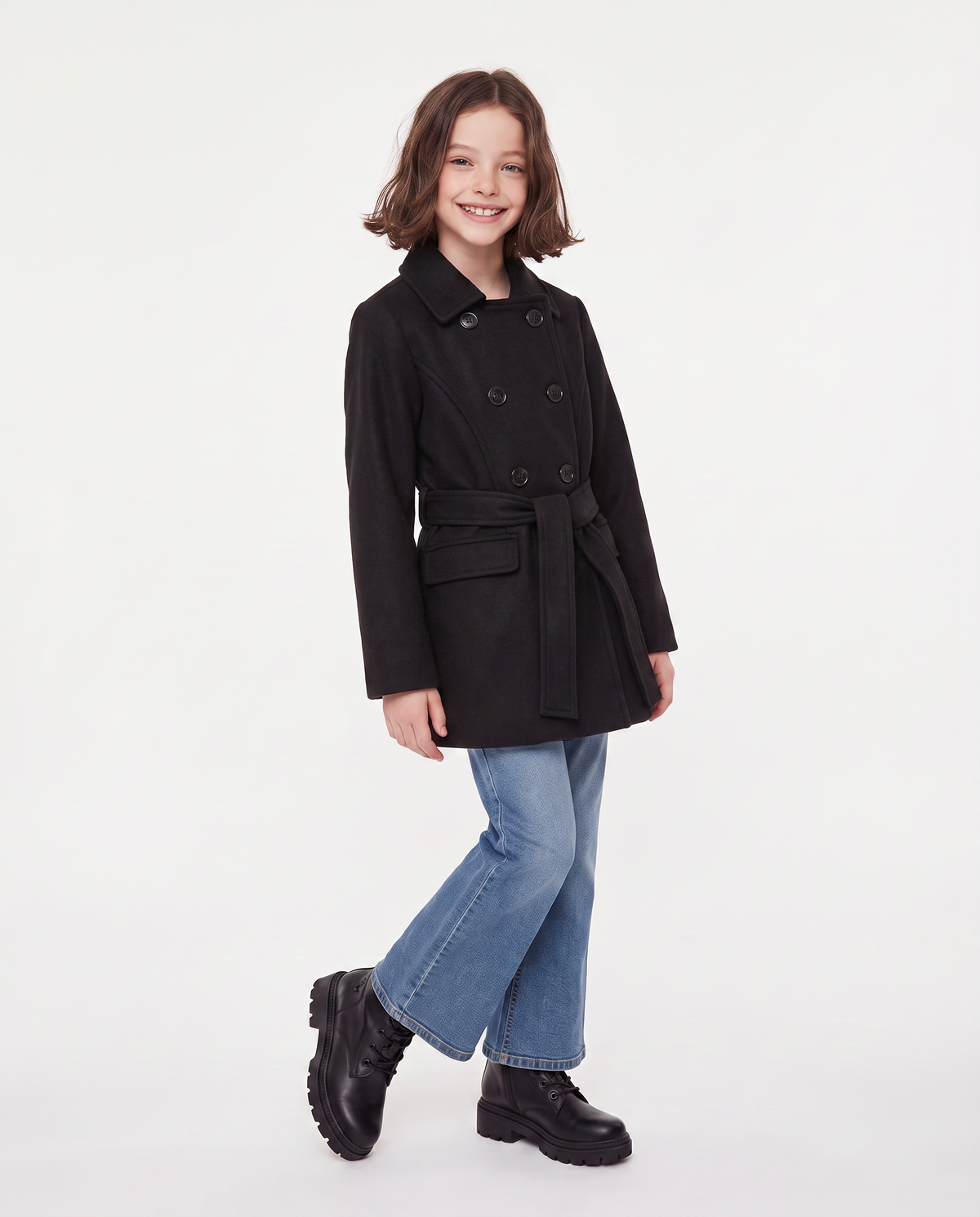 Soft fabric coat with belt - Black